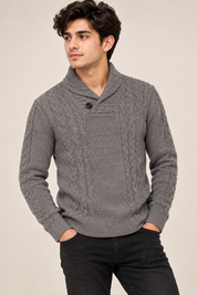 WORLD REPUBLIC Men’s Grey Cable Knit Shawl Collar Jumper in UK Size M. A stylish long-sleeve sweater ideal for casual and winter wear.