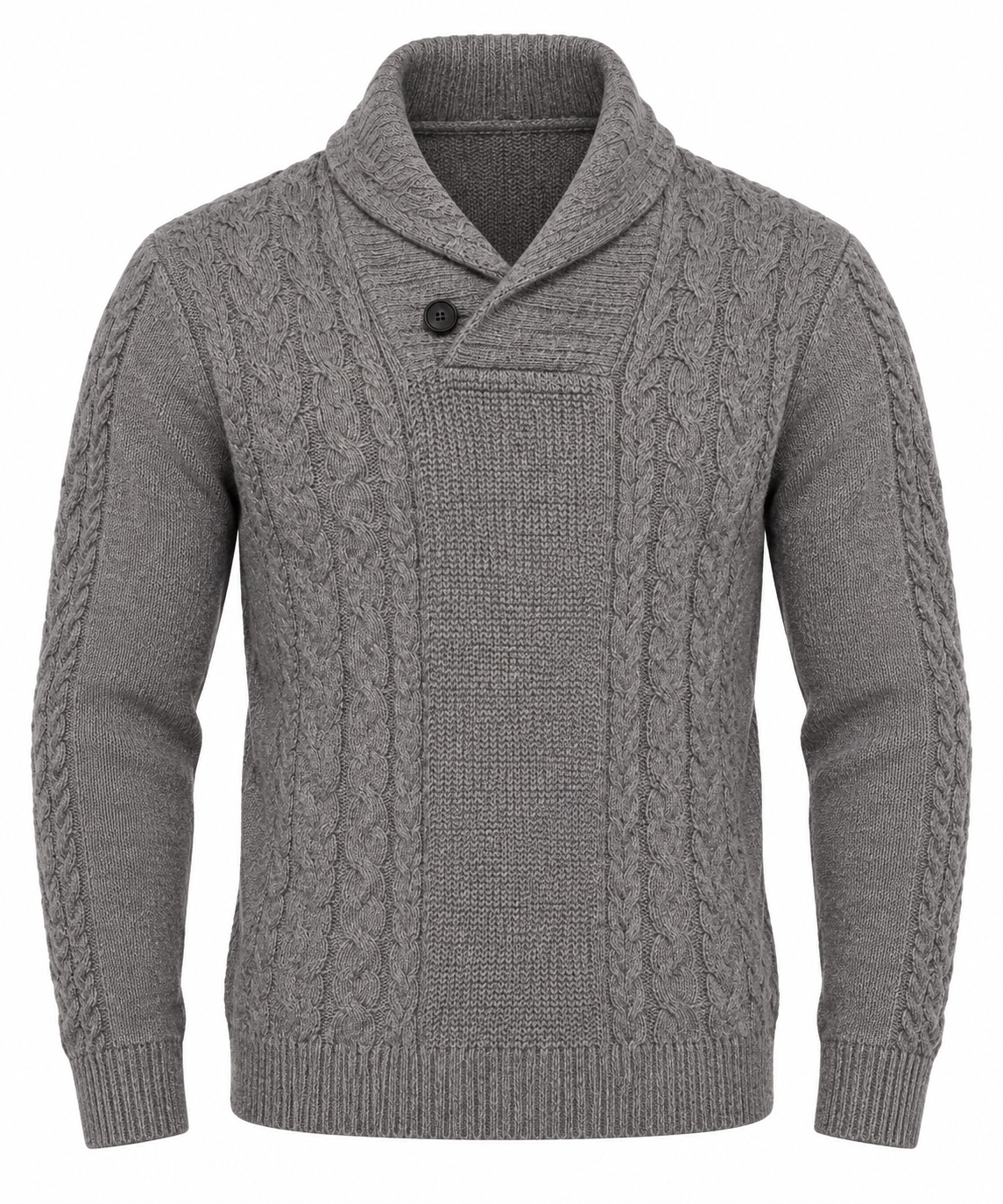 WORLD REPUBLIC Men’s Grey Cable Knit Shawl Collar Jumper in UK Size M. A stylish long-sleeve sweater ideal for casual and winter wear.