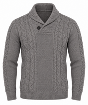 WORLD REPUBLIC Men’s Grey Cable Knit Shawl Collar Jumper in UK Size M. A stylish long-sleeve sweater ideal for casual and winter wear.