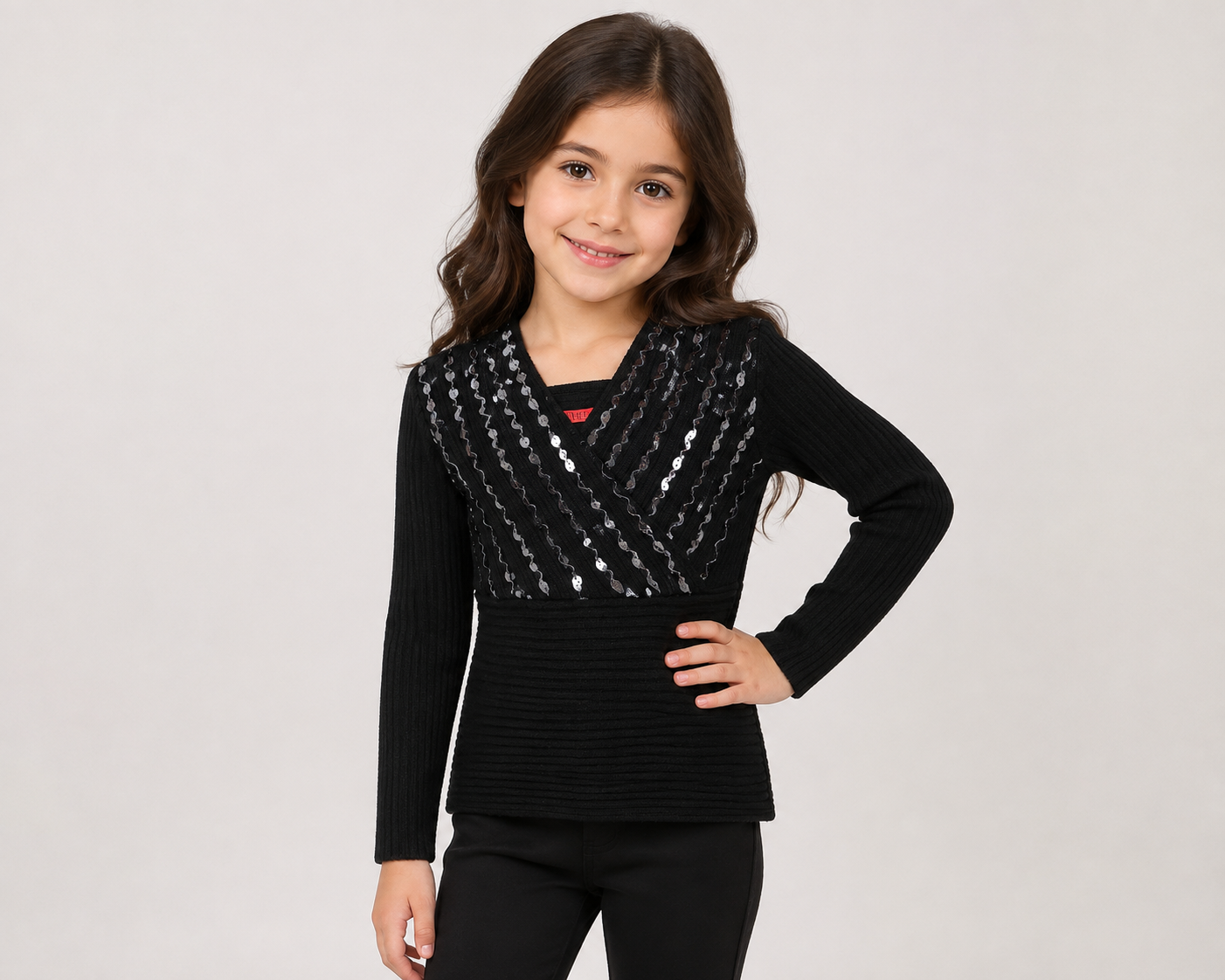  XITED Black Sequin Ribbed Wrap Neck Jumper in UK M/L. Stylish long-sleeve knit sweater with sparkling sequin detailing, perfect for parties and evening wear.
