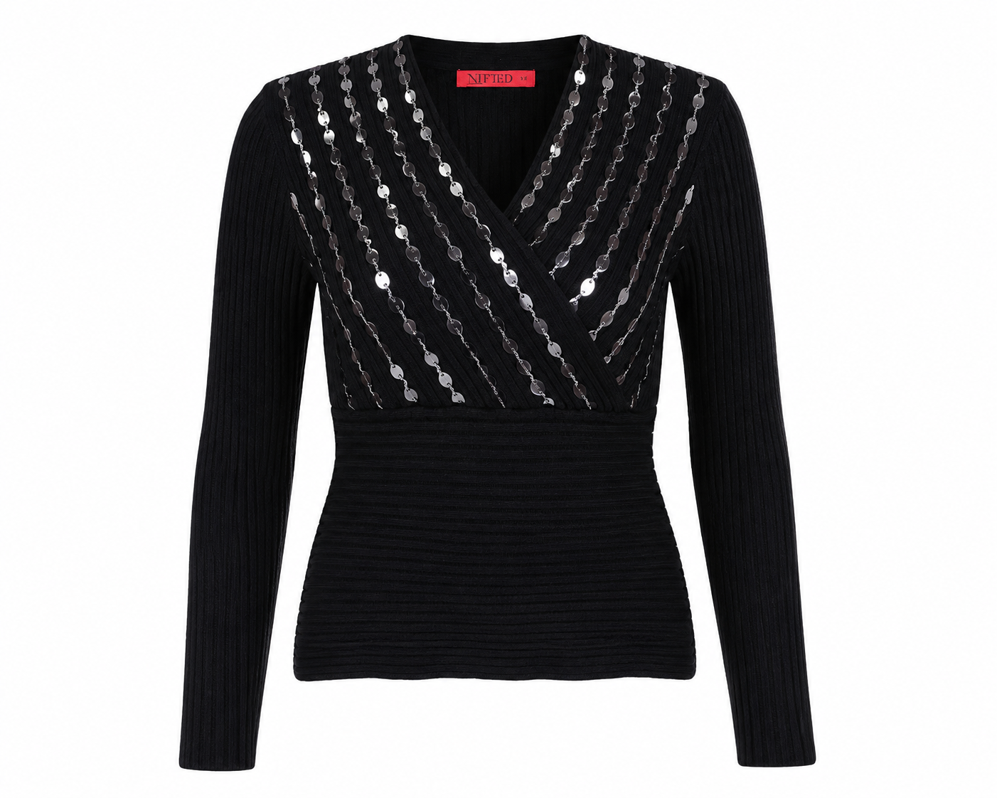  XITED Black Sequin Ribbed Wrap Neck Jumper in UK M/L. Stylish long-sleeve knit sweater with sparkling sequin detailing, perfect for parties and evening wear.