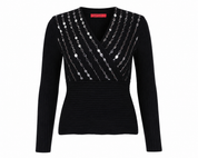  XITED Black Sequin Ribbed Wrap Neck Jumper in UK M/L. Stylish long-sleeve knit sweater with sparkling sequin detailing, perfect for parties and evening wear.