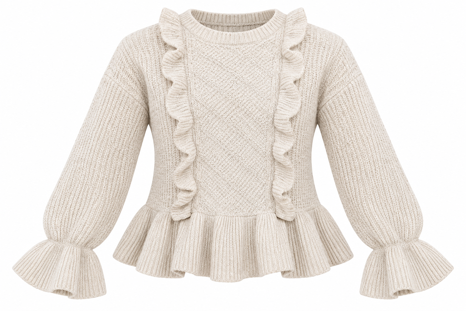   Y.A.S ivory ruffle peplum knit sweater in women’s UK XXL. An elegant style to pair with jeans, skirts or tailored trousers.