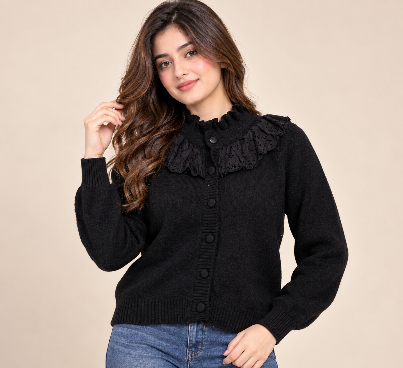 Y.A.S Women’s Black Ruffle Collar Knit Cardigan in UK Size L. Elegant button-up design with long sleeves and distinctive collar detailing.