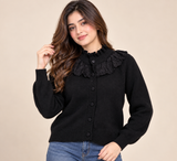 Y.A.S Women Black Ruffle Collar Button-Up Knit Cardigan