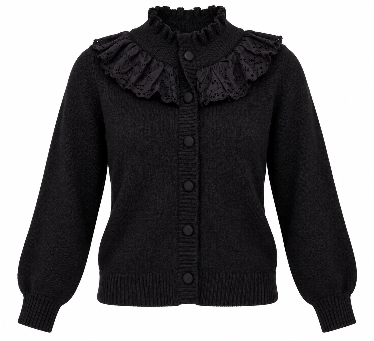 Y.A.S Women’s Black Ruffle Collar Knit Cardigan in UK Size L. Elegant button-up design with long sleeves and distinctive collar detailing.