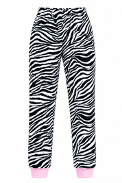YD girls zebra print jogger trousers in UK Size XS with a 24-inch waist. Black and white animal print with pink cuffs and a cosy relaxed fit.