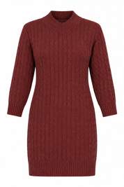   YI PAI burgundy knit sweater dress in UK Size L. Features a textured knit pattern, long sleeves, ribbed neckline and cosy seasonal style.