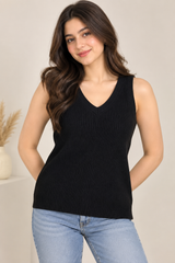 YIDARTON Women Black Ribbed V-Neck Sleeveless Knit To