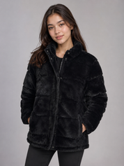 YMI Collection reversible black puffer and faux fur jacket, UK Size L. Double-sided winter design offering warmth, comfort and versatile style.