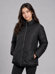 YMI Collection reversible black puffer and faux fur jacket, UK Size L. Double-sided winter design offering warmth, comfort and versatile style.