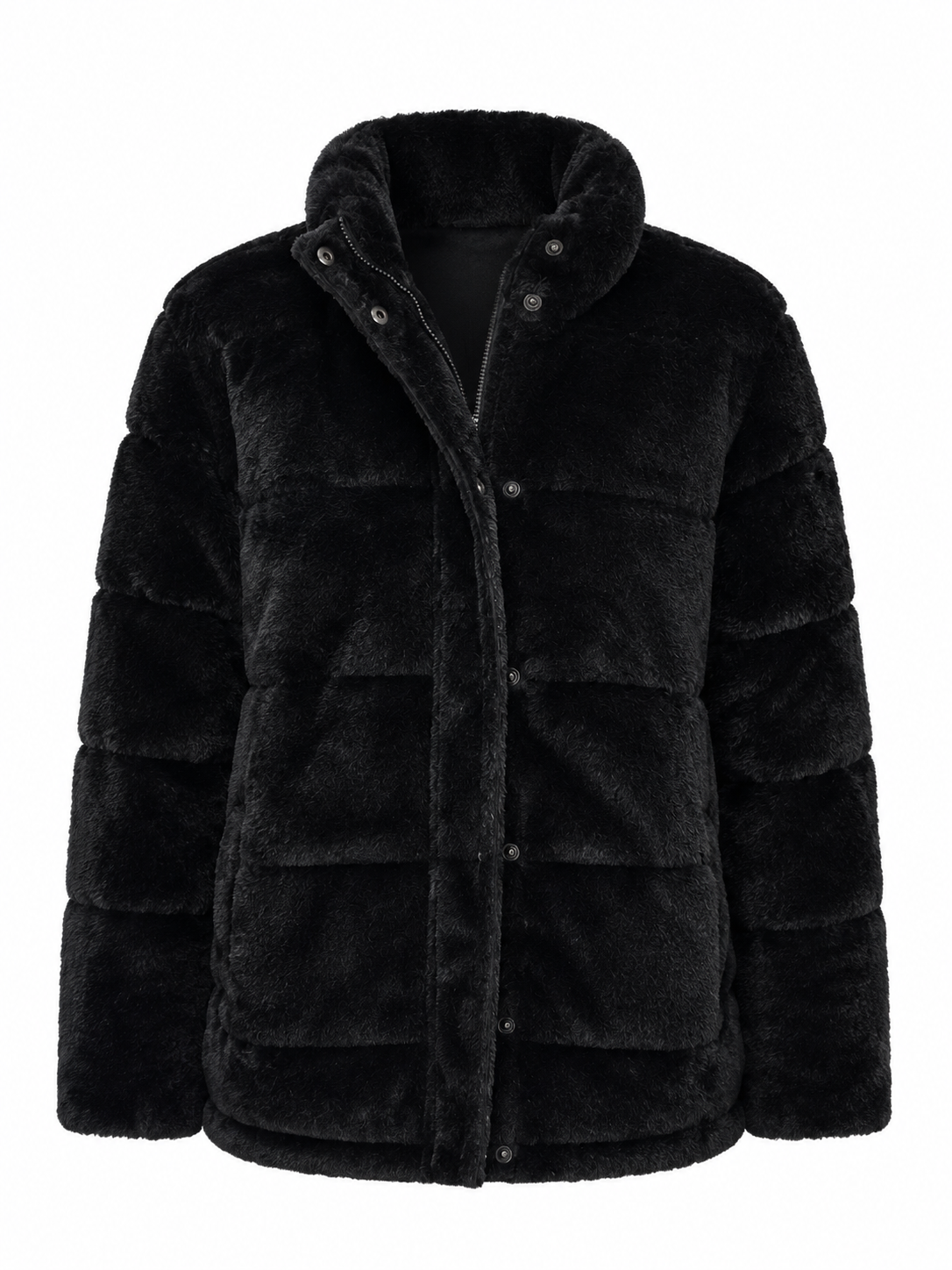 YMI Collection reversible black puffer and faux fur jacket, UK Size L. Double-sided winter design offering warmth, comfort and versatile style.