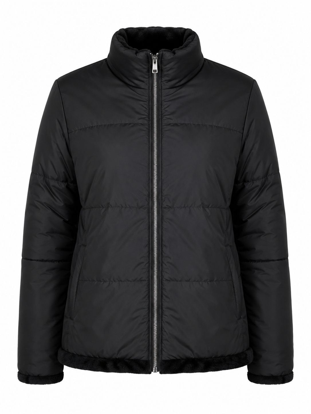 YMI Collection reversible black puffer and faux fur jacket, UK Size L. Double-sided winter design offering warmth, comfort and versatile style.