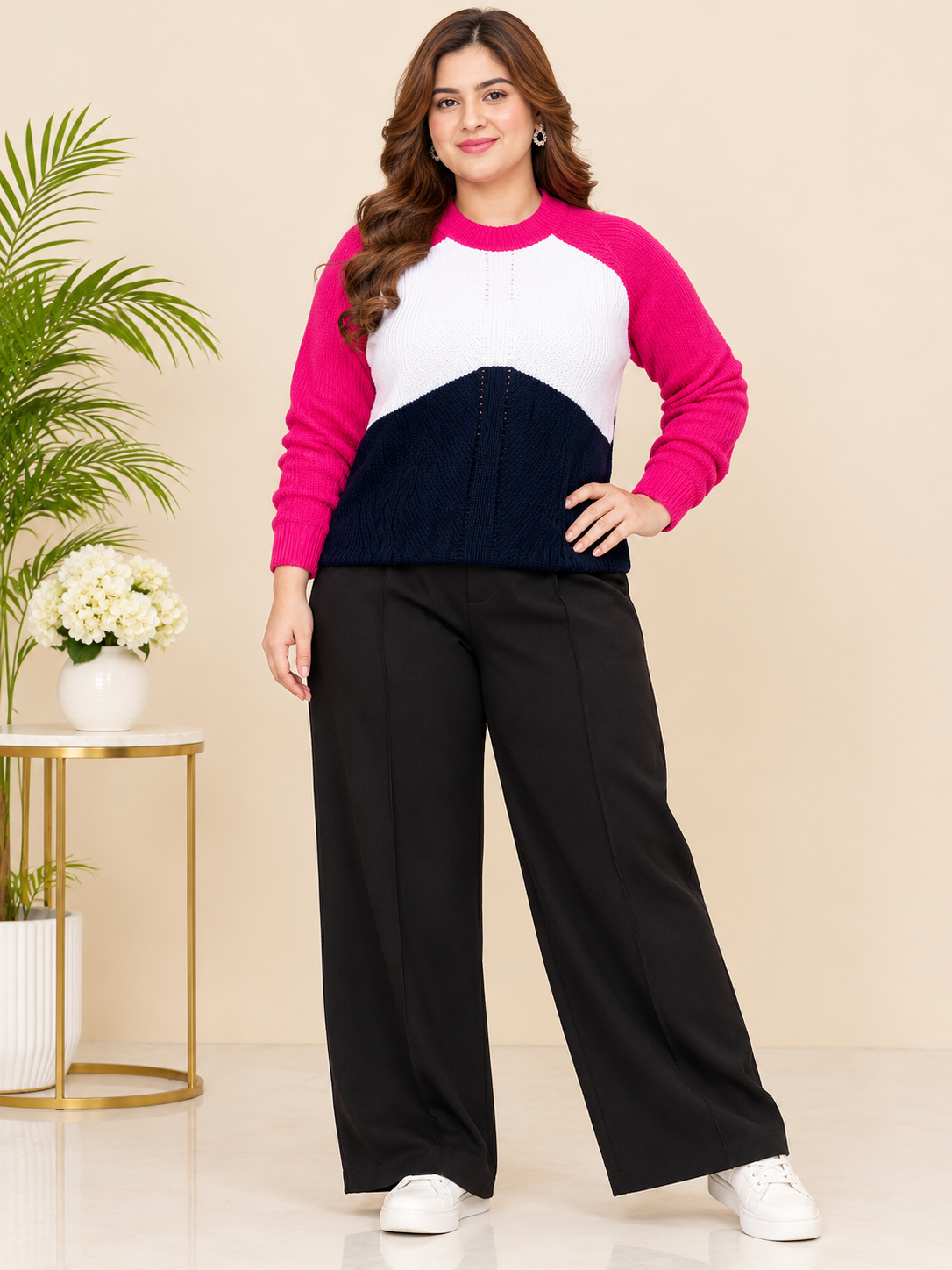  YOURS Pink, White & Navy Blue Colour Block Knitted Jumper in UK Size 4XL. Stylish long sleeve sweater with a trendy design, perfect for casual everyday outfits.