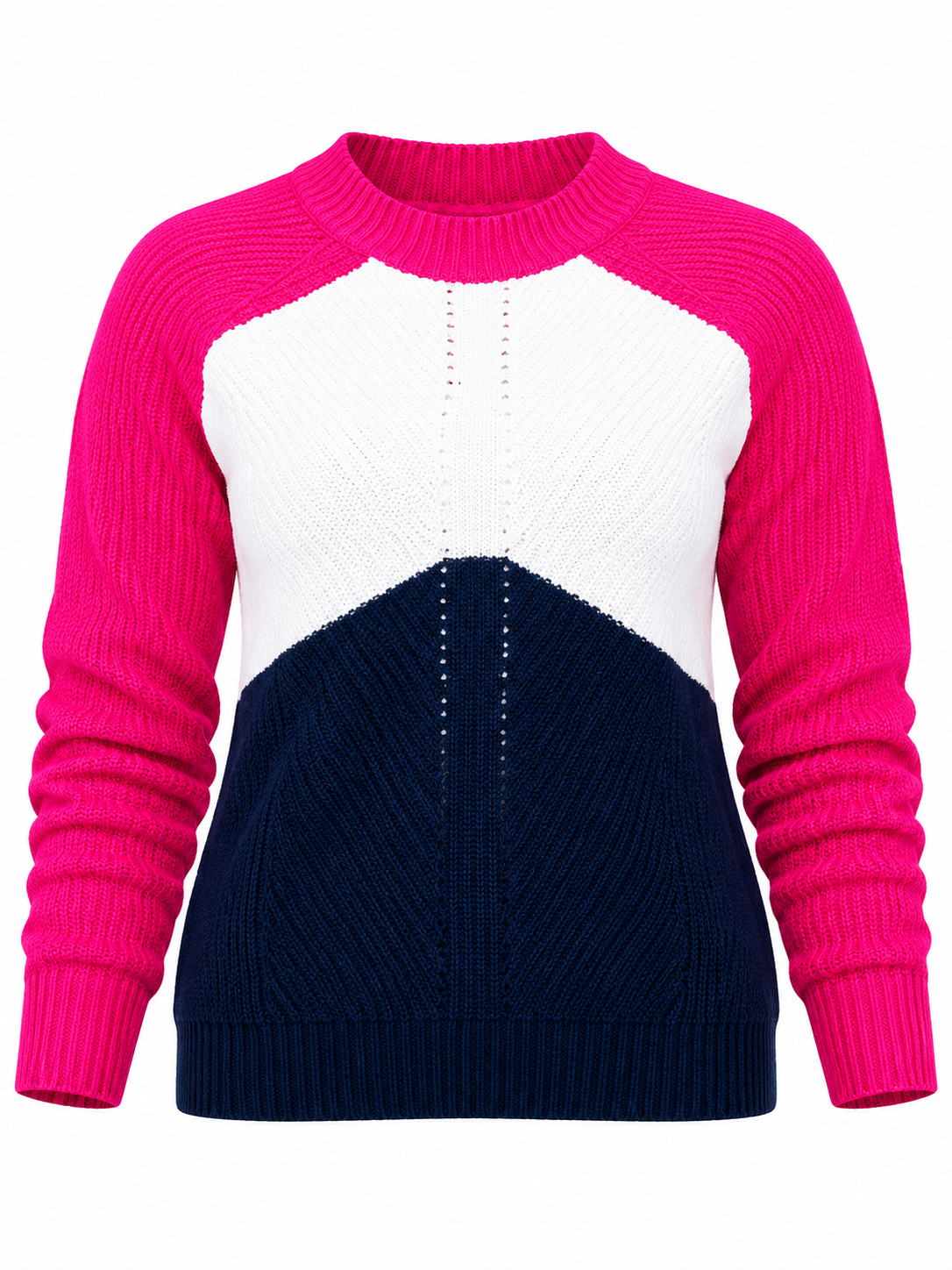  YOURS Pink, White & Navy Blue Colour Block Knitted Jumper in UK Size 4XL. Stylish long sleeve sweater with a trendy design, perfect for casual everyday outfits.