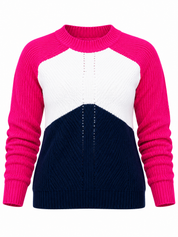  YOURS Pink, White & Navy Blue Colour Block Knitted Jumper in UK Size 4XL. Stylish long sleeve sweater with a trendy design, perfect for casual everyday outfits.