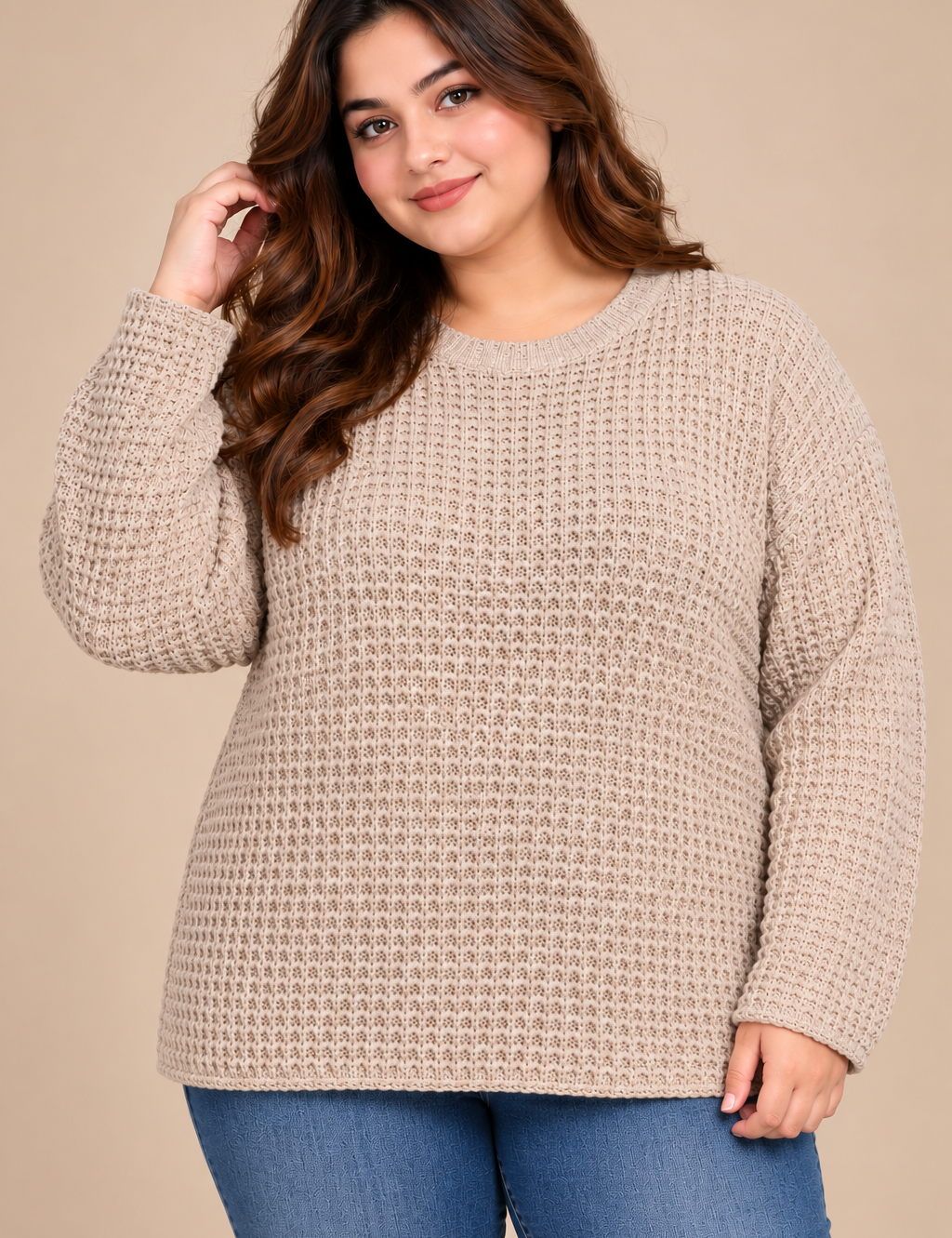 YOURS women’s beige textured knit jumper in UK Size 3XL. Comfortable plus-size sweater with crew neck, long sleeves and a plain straight hem.