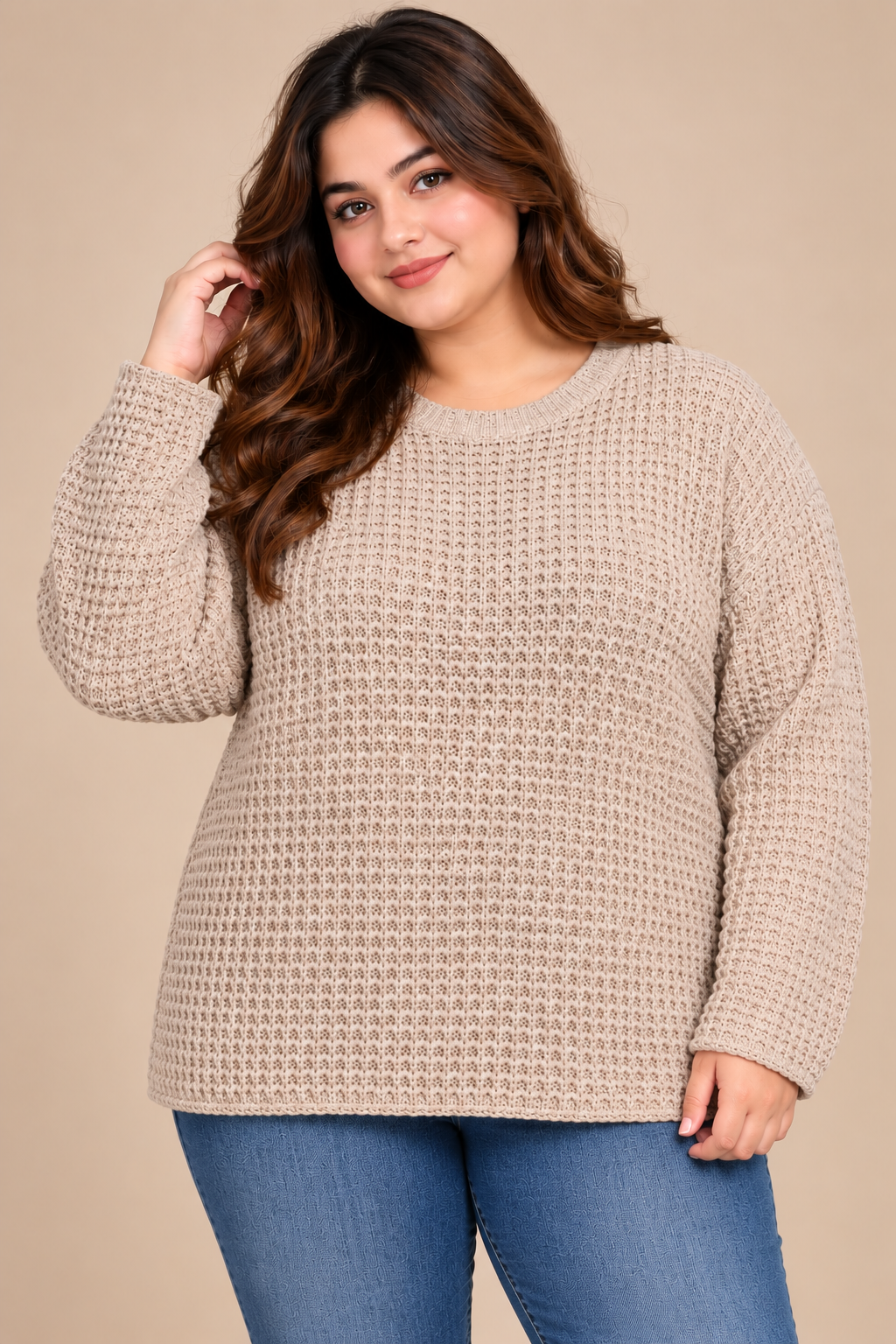 YOURS women’s beige textured knit jumper in UK Size 3XL. Comfortable plus-size sweater with crew neck, long sleeves and a plain straight hem.