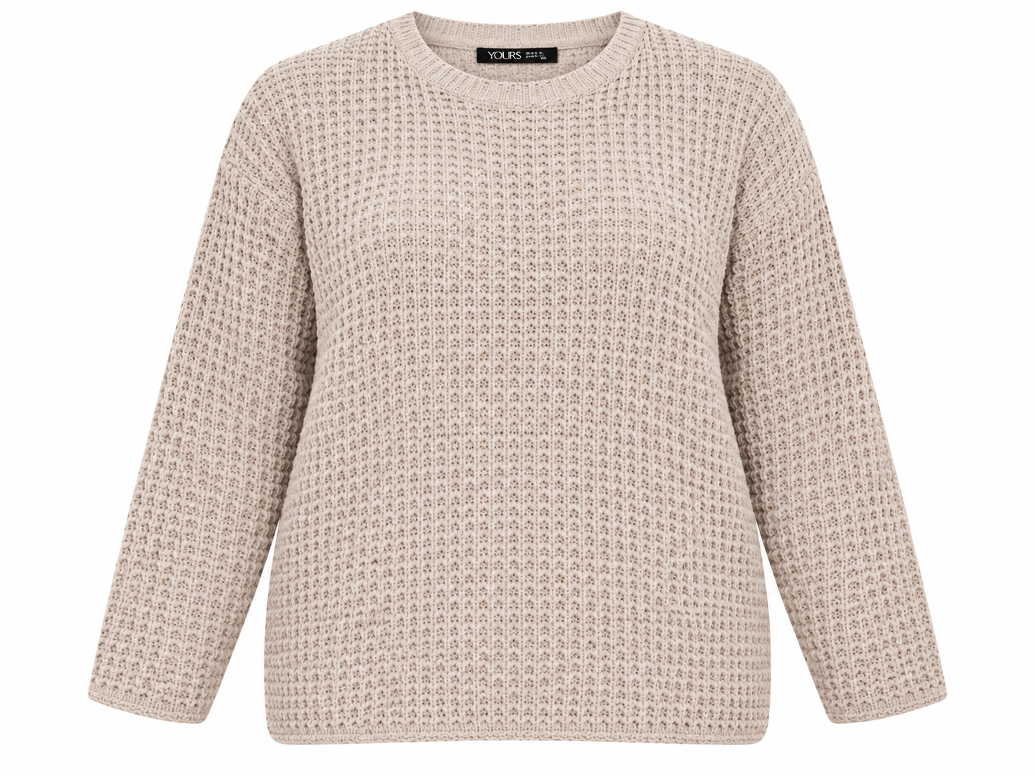 YOURS women’s beige textured knit jumper in UK Size 3XL. Comfortable plus-size sweater with crew neck, long sleeves and a plain straight hem.