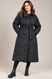  Yours Women’s Black Long Puffer Coat in UK Size 20 featuring a matching waist belt, padded design and longline fit. Stylish winter outerwear.