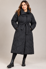 Yours Women Black Long Puffer Coat with Waist Belt