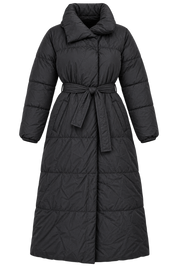 Yours Women’s Black Long Puffer Coat in UK Size 20 featuring a matching waist belt, padded design and longline fit. Stylish winter outerwear.