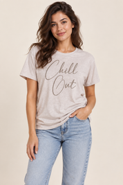   Yours Chill Out slogan T-shirt in UK size 18–20. Soft, relaxed-fit women’s casual top with short sleeves, perfect for everyday styling.