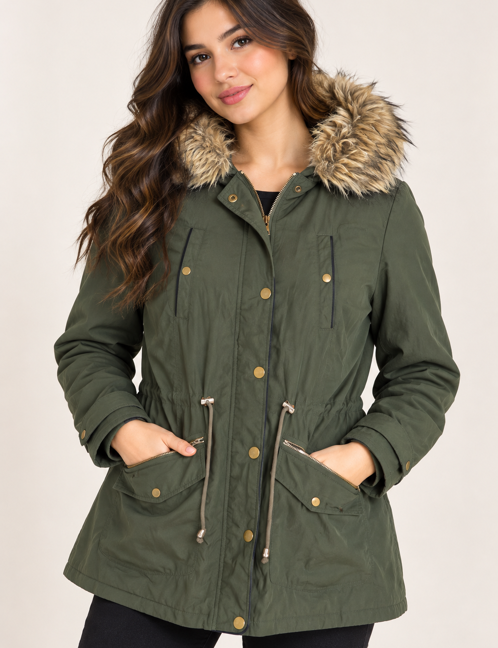 YOURS women’s olive green faux-fur hooded parka jacket in UK Size XXXL. Stylish 3XL winter coat with drawstring waist and utility pockets.