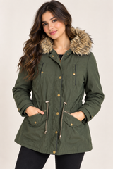 YOURS Women Olive Green Faux Fur Hooded Parka Jacket
