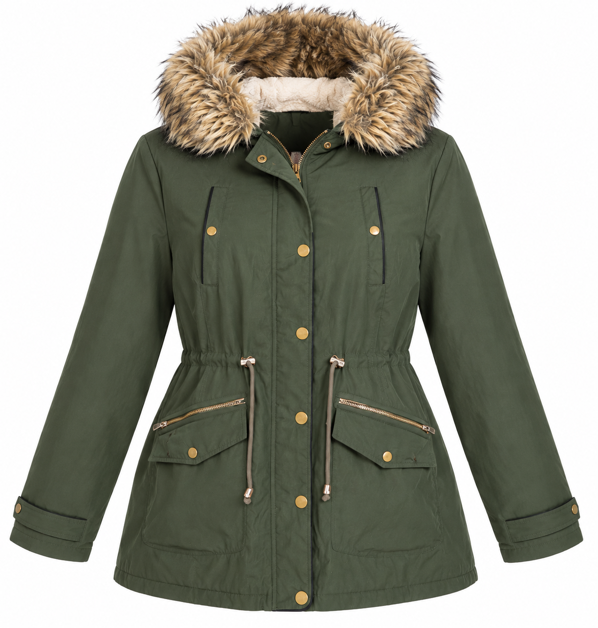 YOURS women’s olive green faux-fur hooded parka jacket in UK Size XXXL. Stylish 3XL winter coat with drawstring waist and utility pockets.