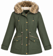 YOURS women’s olive green faux-fur hooded parka jacket in UK Size XXXL. Stylish 3XL winter coat with drawstring waist and utility pockets.