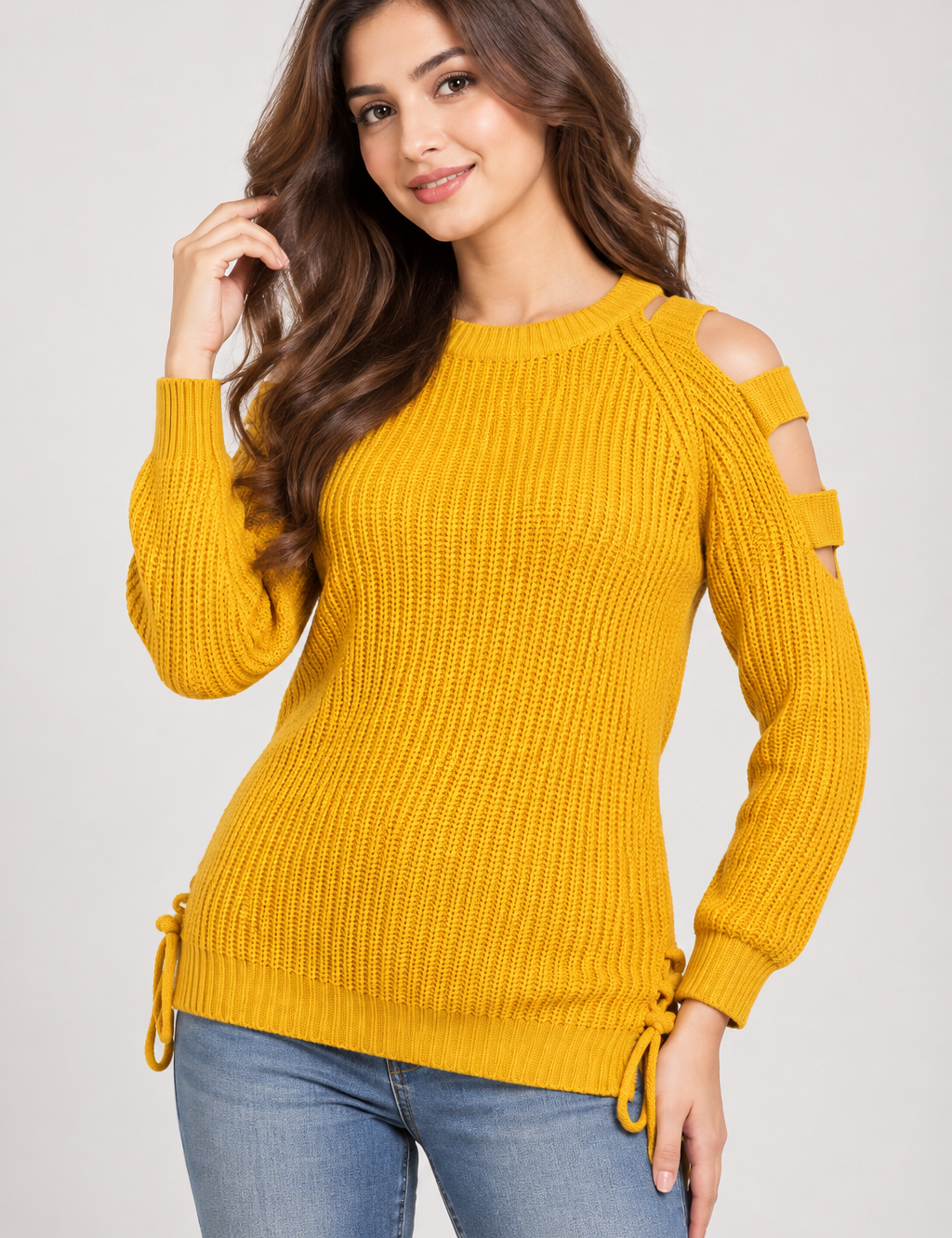 YOURS women’s mustard yellow cold shoulder knitted jumper in UK Size M, featuring long sleeves, textured knit and stylish lace-up side detailing.
