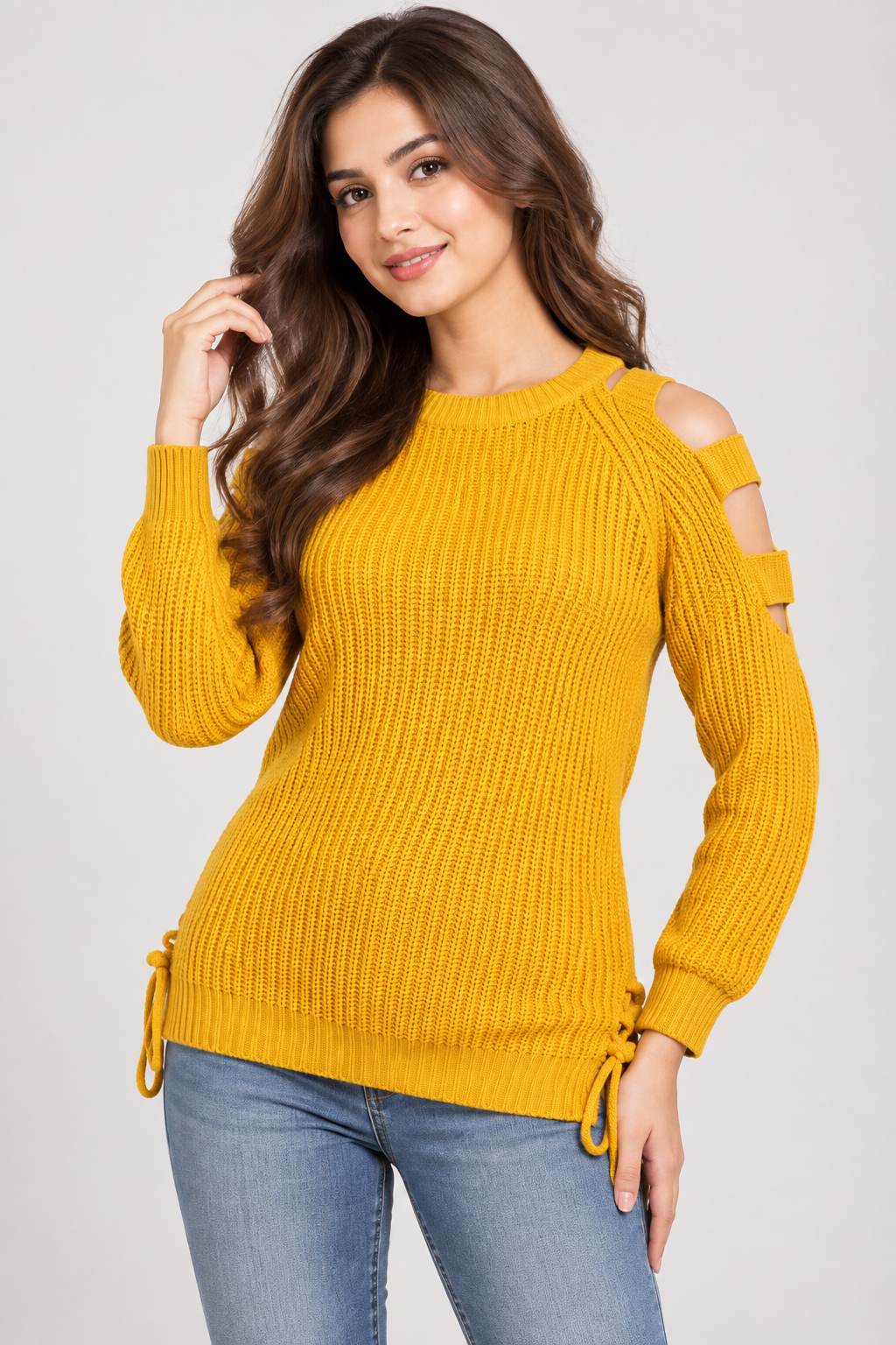 YOURS women’s mustard yellow cold shoulder knitted jumper in UK Size M, featuring long sleeves, textured knit and stylish lace-up side detailing.
