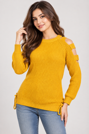YOURS women’s mustard yellow cold shoulder knitted jumper in UK Size M, featuring long sleeves, textured knit and stylish lace-up side detailing.
