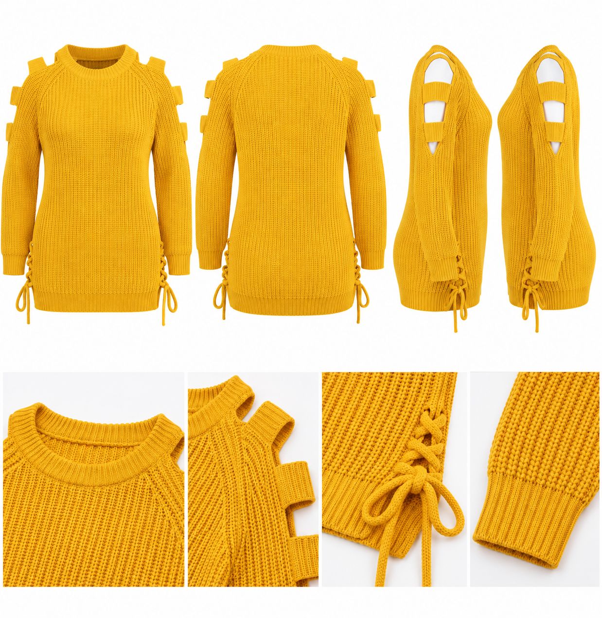  YOURS women’s mustard yellow cold shoulder knitted jumper in UK Size M, featuring long sleeves, textured knit and stylish lace-up side detailing.
