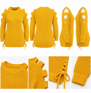  YOURS women’s mustard yellow cold shoulder knitted jumper in UK Size M, featuring long sleeves, textured knit and stylish lace-up side detailing.
