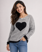 YOURS women's grey knit jumper in UK size 26-28, featuring a cosy fluffy black heart detail and stylish black trims. Perfect for casual everyday wear.