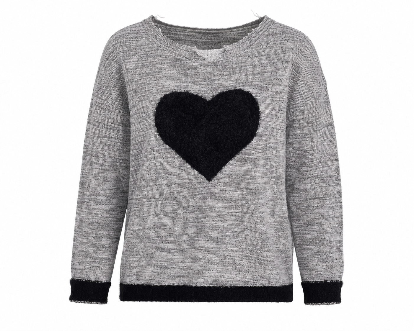 YOURS women's grey knit jumper in UK size 26-28, featuring a cosy fluffy black heart detail and stylish black trims. Perfect for casual everyday wear.