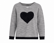 YOURS women's grey knit jumper in UK size 26-28, featuring a cosy fluffy black heart detail and stylish black trims. Perfect for casual everyday wear.