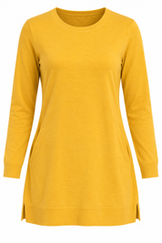 Z&H women’s mustard yellow long sleeve tunic top in UK Size M, featuring a relaxed fit, round neck, ribbed trims and practical side pockets.