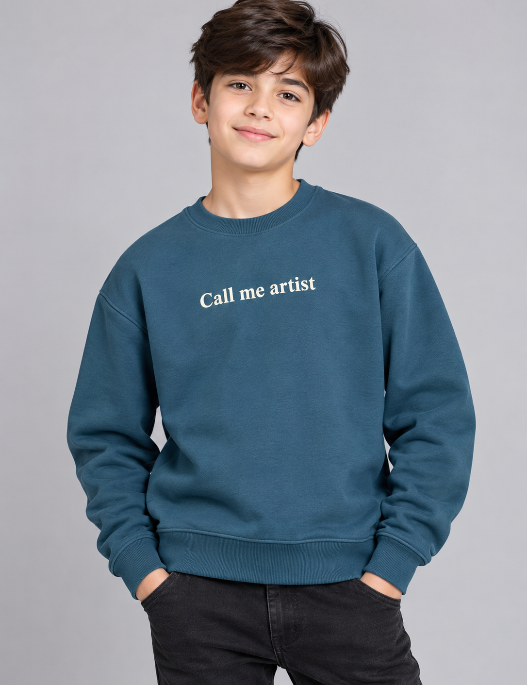  Zara boys’ teal blue “Call Me Artist” sweatshirt, UK size 10–11 years. Stylish crew neck design with long sleeves and ribbed trims.