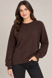  Zara chocolate brown crew neck knit jumper for women in UK size M. Stylish long-sleeve design, versatile colour and perfect for casual autumn and winter outfits.