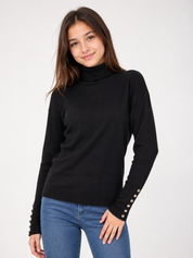  ZARA girls’ black ribbed turtleneck sweater in UK size S. Stylish long-sleeve jumper with gold-tone button cuffs, perfect for casual and smart-casual outfits.
