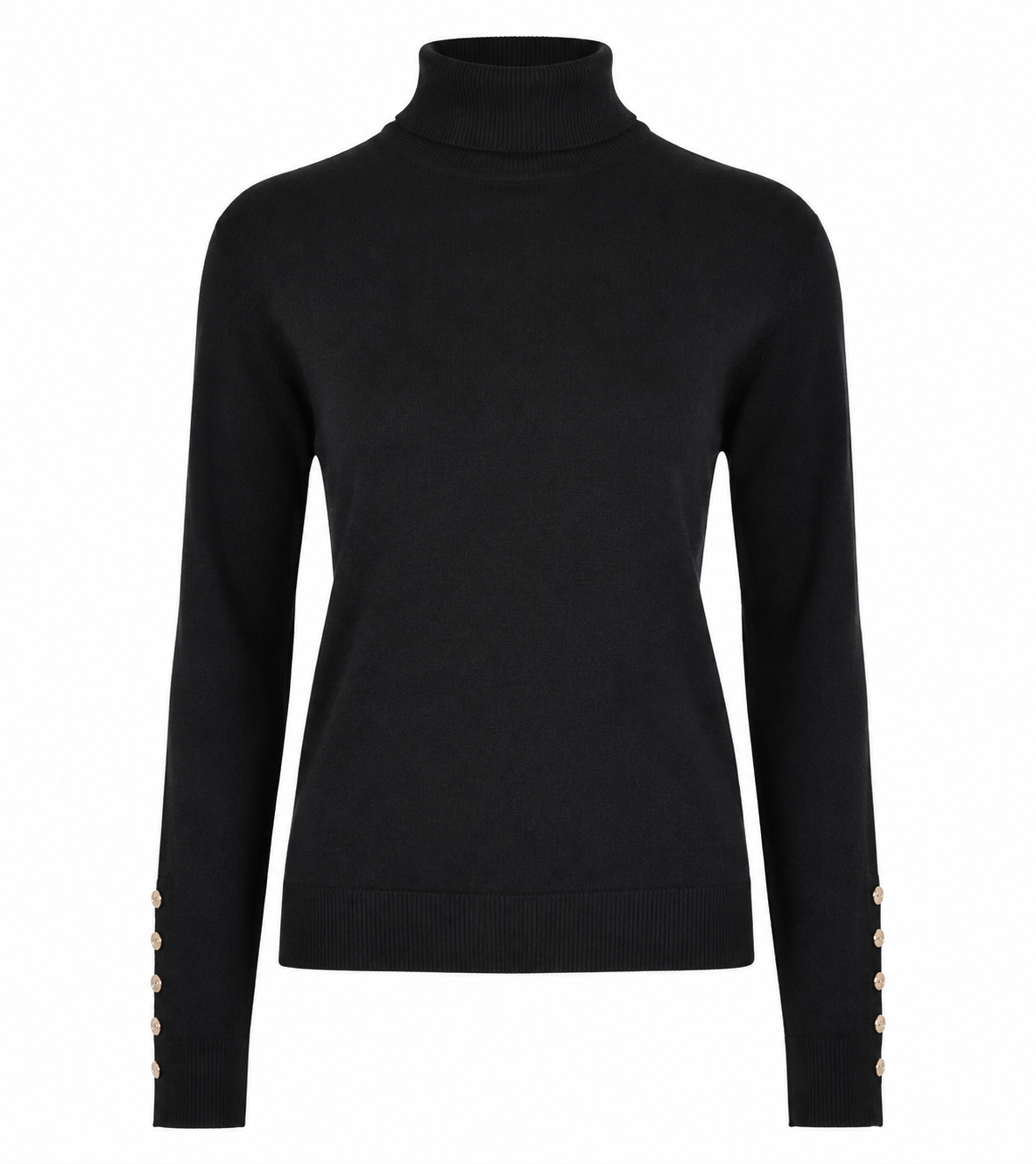  ZARA girls’ black ribbed turtleneck sweater in UK size S. Stylish long-sleeve jumper with gold-tone button cuffs, perfect for casual and smart-casual outfits.