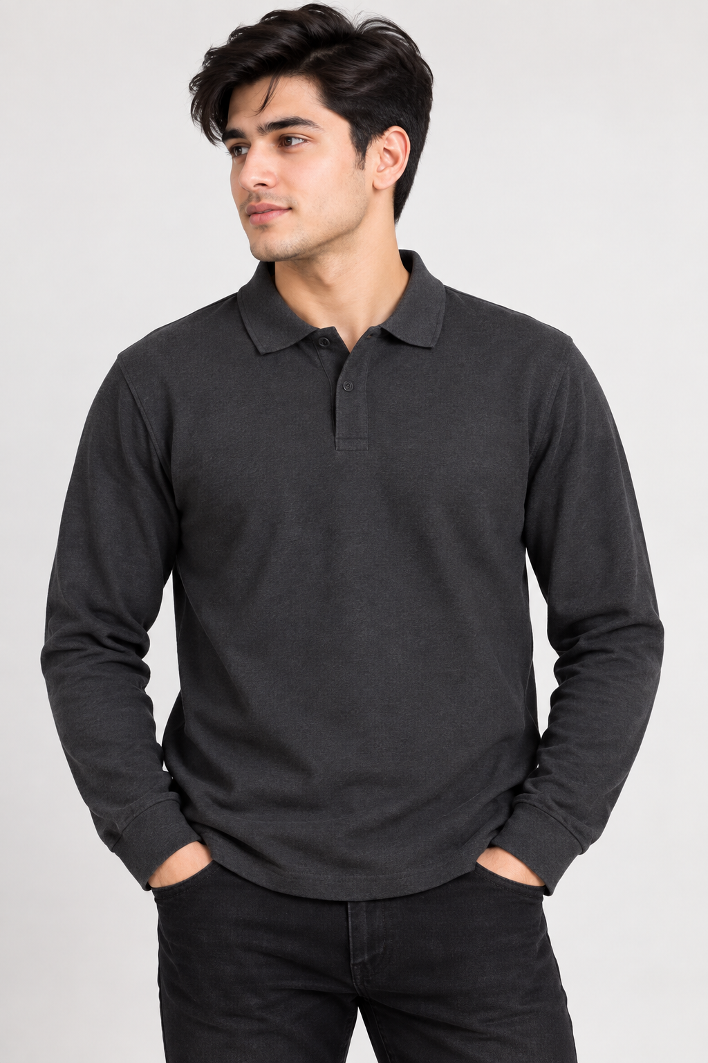 ZARA men’s charcoal black long sleeve polo shirt in UK Size M. A stylish smart-casual polo rated 4/5, ideal for everyday and office wear.