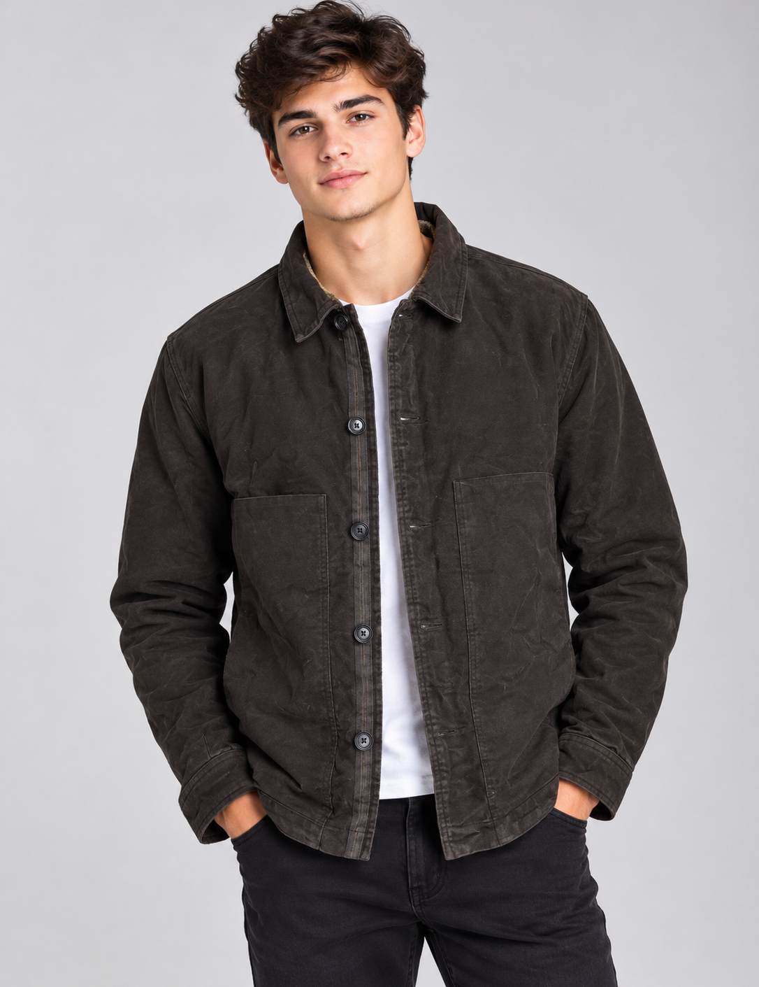 Zara men’s dark brown utility jacket in UK size M. Classic button-front design with collar, long sleeves and practical front pockets.