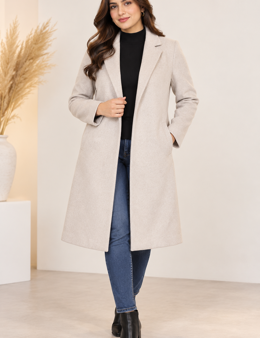  Zara Women’s Beige Longline Tailored Coat in UK Size M. Elegant lapel design, long sleeves and versatile neutral styling for autumn and winter.