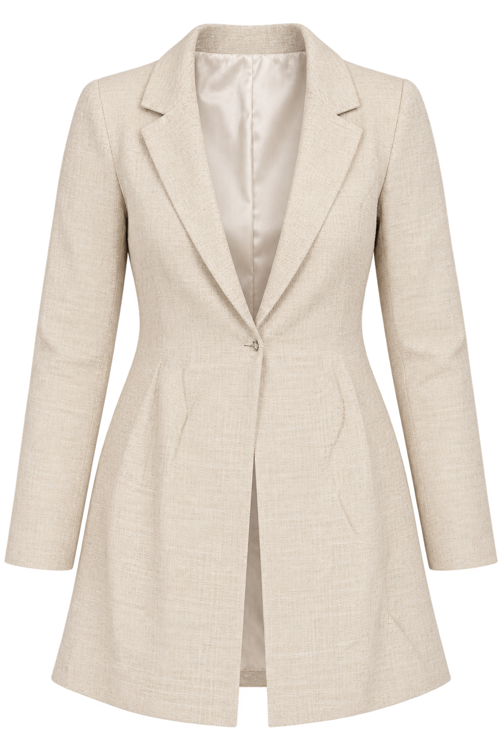  ZARA Women’s Beige Textured Longline Blazer in UK Size XL. Elegant tailored fit with classic lapels, ideal for office, formal and smart-casual wear.