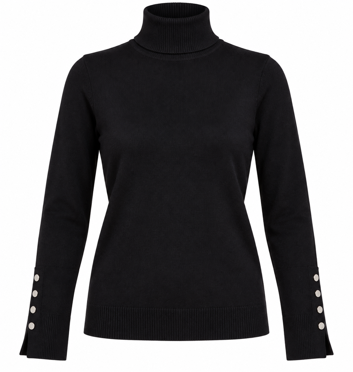 this ZARA women’s black turtleneck jumper in UK Size L, featuring elegant silver button cuffs and a versatile long-sleeve design.