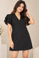 ZARA Women Black V-Neck Ruffle Sleeve Mini Dress